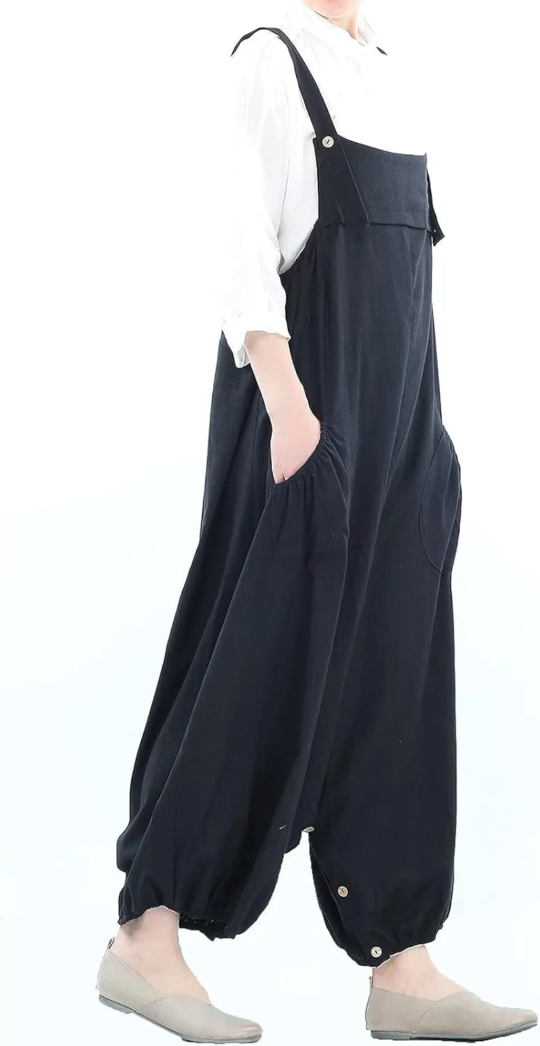 Minibee Womens Casual Loose Jumpsuit Long Baggy Bib Pants Wide Leg Rompers Cotton Overalls with Pockets