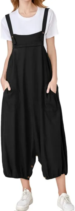 Minibee Womens Casual Loose Jumpsuit Long Baggy Bib Pants Wide Leg Rompers Cotton Overalls with Pockets