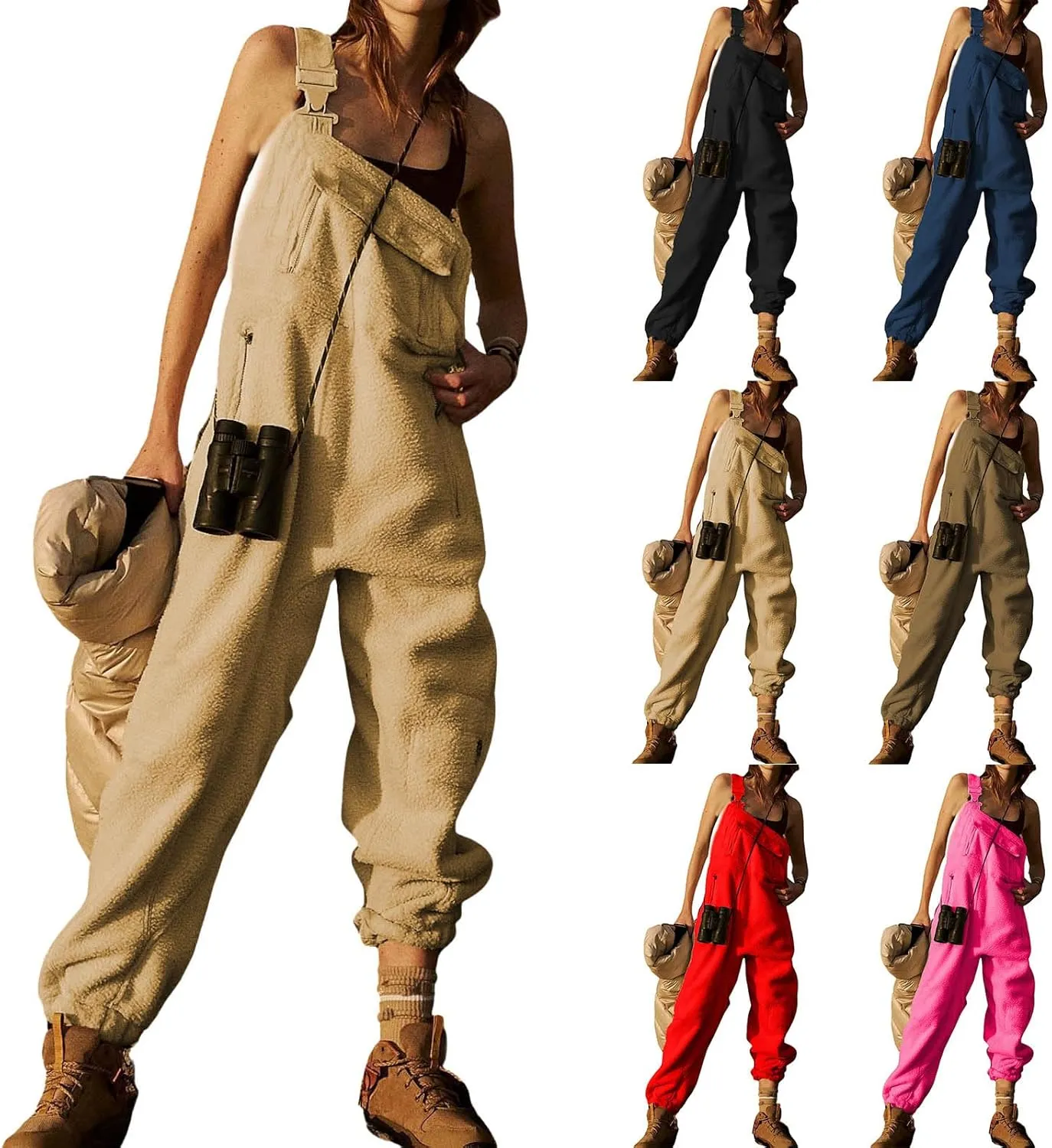 Mmoneyake Womens Fleece Overalls Loose Fuzzy Ski Pants Adjustable Strap Sleeveless Jumpsuits One-Piece Bibs Jumpsuit Romper