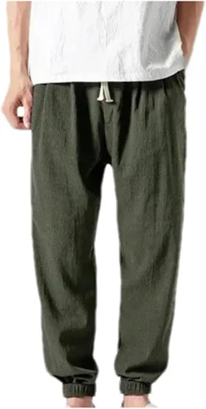 Mnjyihy Men's Summer Cotton Linen Harem Pants Casual Loose Elastic Waist Drawstring Jogging Trousers