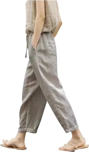 Mzkdieey Cotton Linen Capri Pants for Women Summer Casual Plain Drawstring Elastic Waist Baggy Cropped Trousers with Pockets