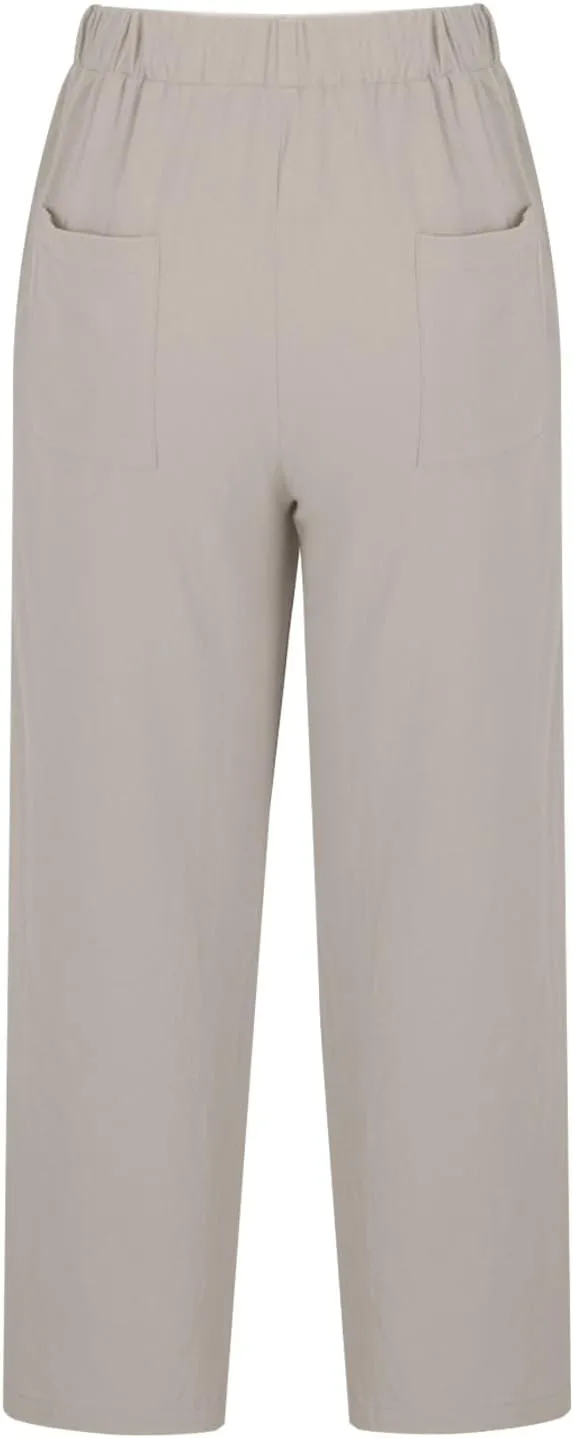 Mzkdieey Cotton Linen Capri Pants for Women Summer Casual Plain Drawstring Elastic Waist Baggy Cropped Trousers with Pockets