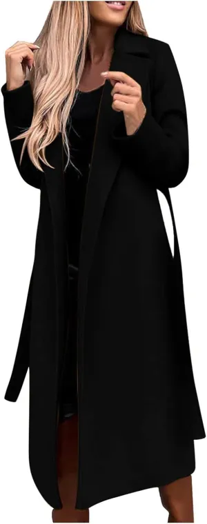 NaRHbrg Elegant Wool Coats for Womens Faux Wool Trench Coats Long Jacket Ladies Coat Women Ring Master Jacket with Belt