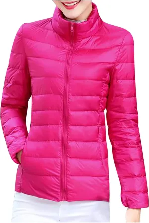 NaRHbrg Womens Winter Down Jacket Ladies Ultra Lightweight Fashion Zip Up Quilted Puffer Jacket Stand Collar Outerwear