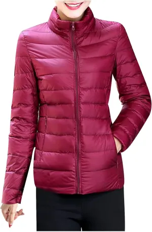 NaRHbrg Womens Winter Down Jacket Ladies Ultra Lightweight Fashion Zip Up Quilted Puffer Jacket Stand Collar Outerwear