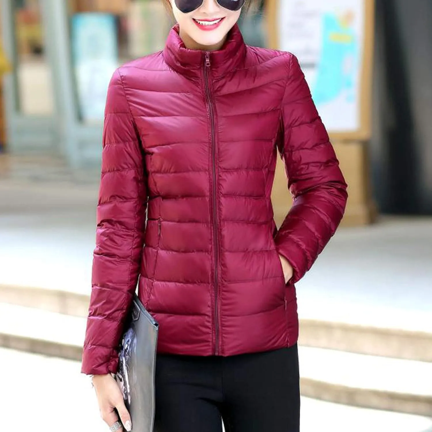 NaRHbrg Womens Winter Down Jacket Ladies Ultra Lightweight Fashion Zip Up Quilted Puffer Jacket Stand Collar Outerwear