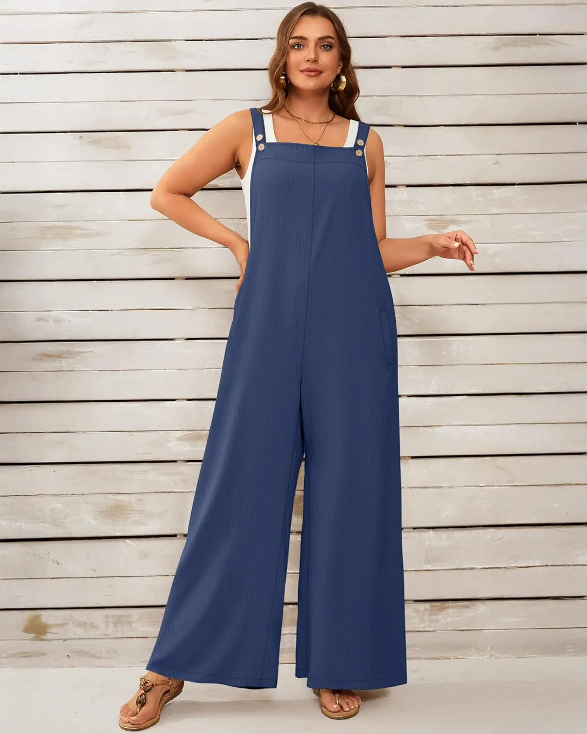 Neer Women's Plus Size Overalls Wide Leg Casual Jumpsuits Loose Fit Sleeveless Summer Rompers with Pockets
