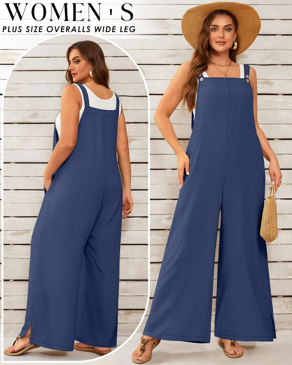 Neer Women's Plus Size Overalls Wide Leg Casual Jumpsuits Loose Fit Sleeveless Summer Rompers with Pockets