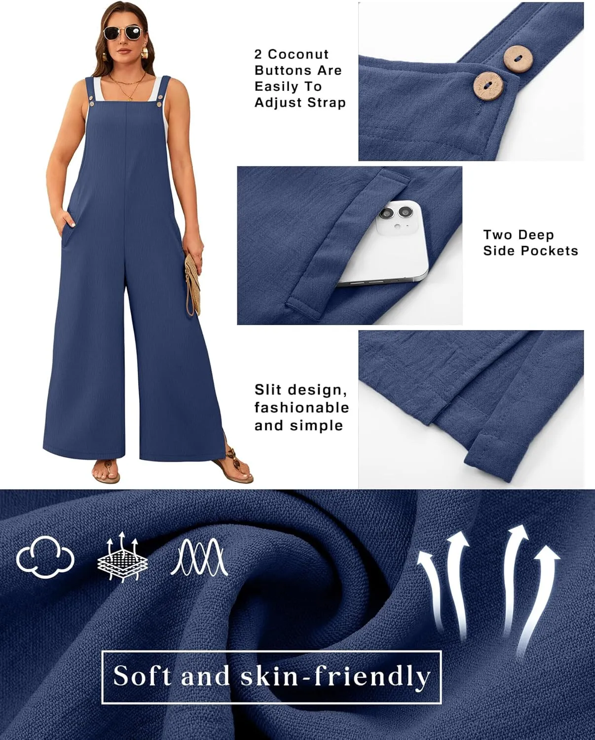 Neer Women's Plus Size Overalls Wide Leg Casual Jumpsuits Loose Fit Sleeveless Summer Rompers with Pockets