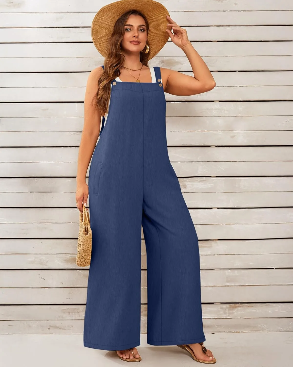 Neer Women's Plus Size Overalls Wide Leg Casual Jumpsuits Loose Fit Sleeveless Summer Rompers with Pockets