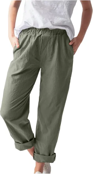 niuwa Cotton Linen Trousers for Women Elastic Waist Solid Color Casual Pants with Pockets Summer Boho Pants (Green, M)