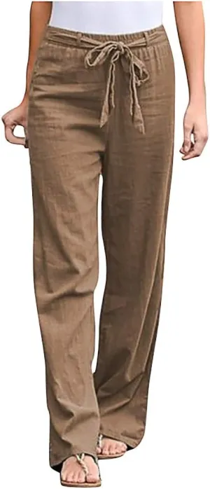 niuwa Women Cotton Linen Trousers Summer Solid Color Wide Leg Pants Elastic Waist Loose Lounge Pants Sweatpants (Khaki, XXXL)