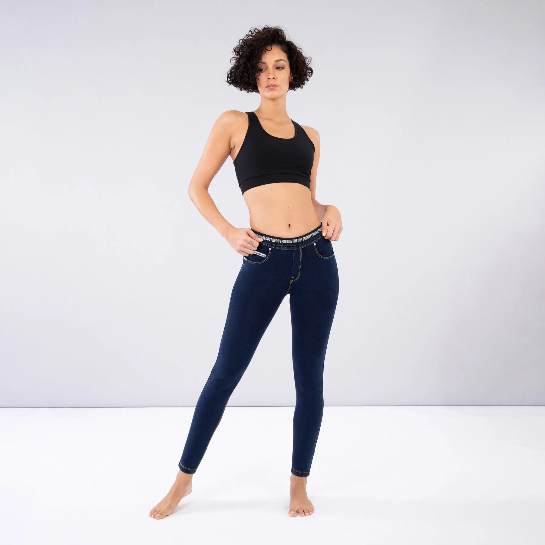 (NOWY1MC002-J0Y) N.O.W.® PANTS DENIM-EFFECT JERSEY DARK BLUE PANTS WITH A FOLDABLE WAIST