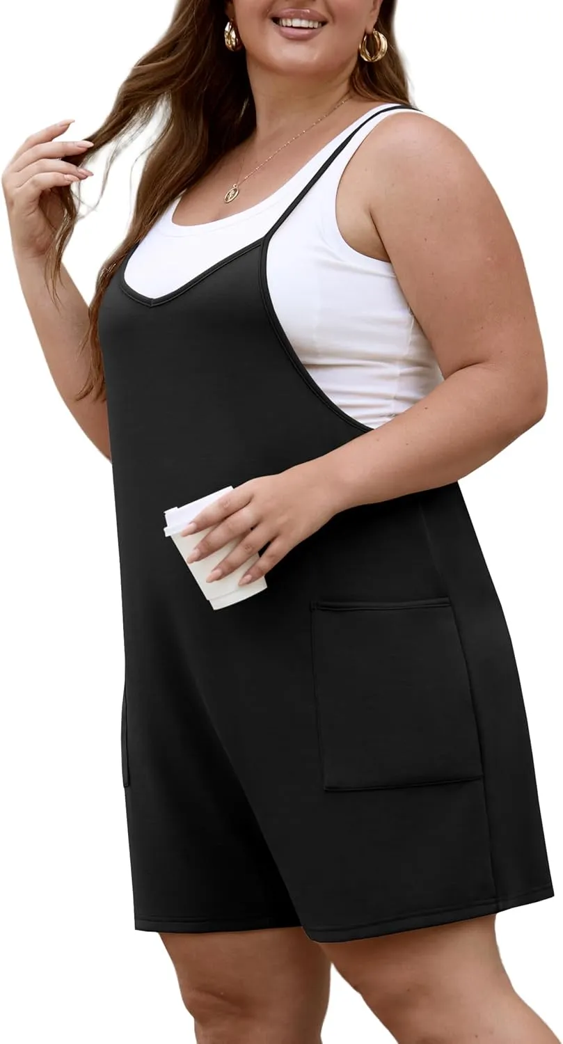 OLRIK Womens 2025 Summer Plus Size Romper Adjustable Spaghetti Strap Jumpsuits With Pockets Sleeveless Casual Overall Shorts