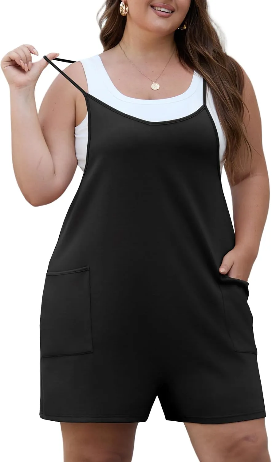 OLRIK Womens 2025 Summer Plus Size Romper Adjustable Spaghetti Strap Jumpsuits With Pockets Sleeveless Casual Overall Shorts