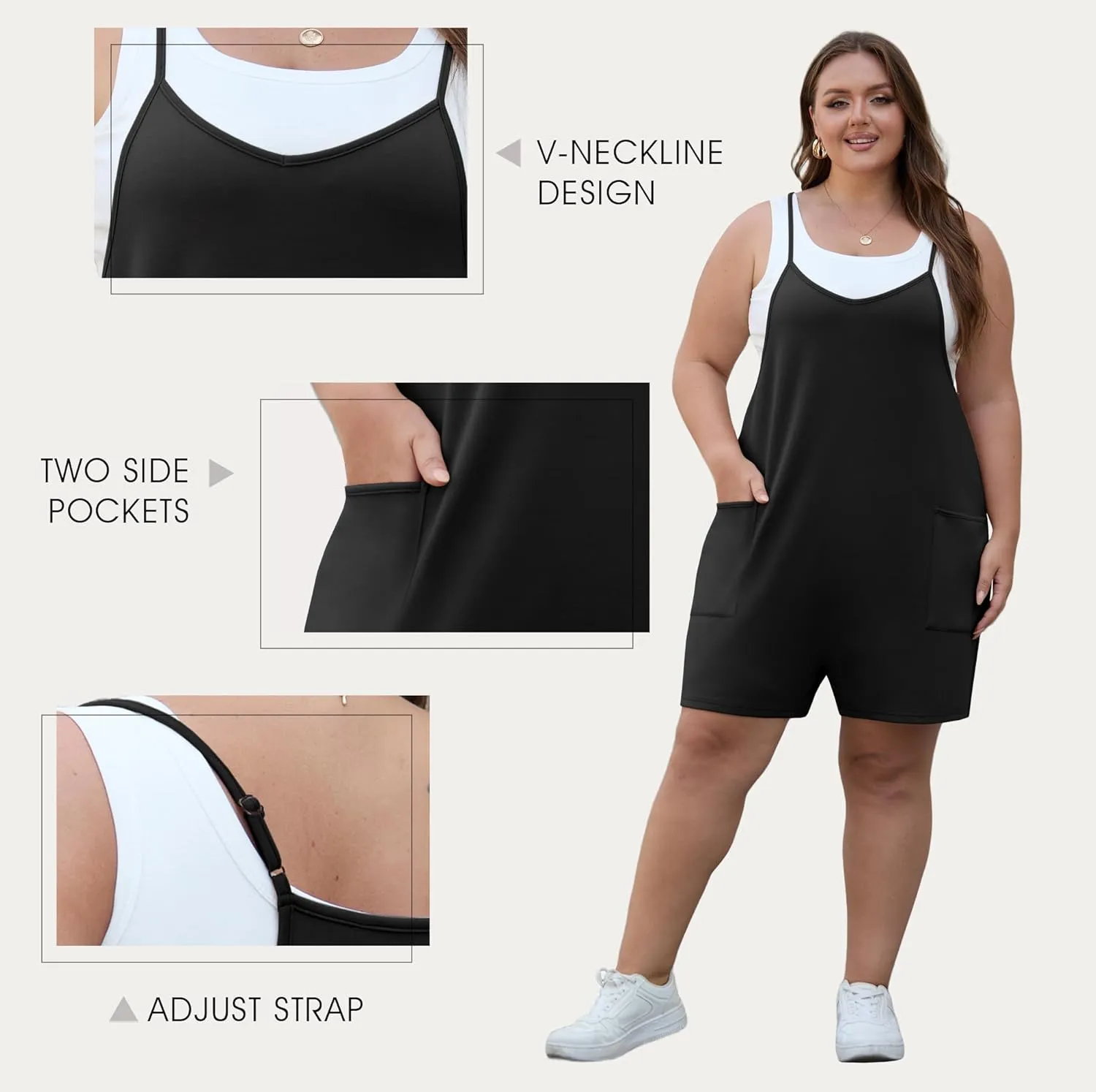 OLRIK Womens 2025 Summer Plus Size Romper Adjustable Spaghetti Strap Jumpsuits With Pockets Sleeveless Casual Overall Shorts