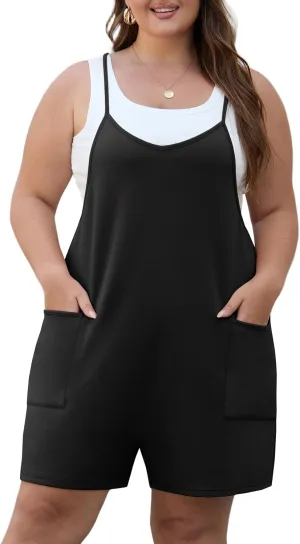 OLRIK Womens 2025 Summer Plus Size Romper Adjustable Spaghetti Strap Jumpsuits With Pockets Sleeveless Casual Overall Shorts