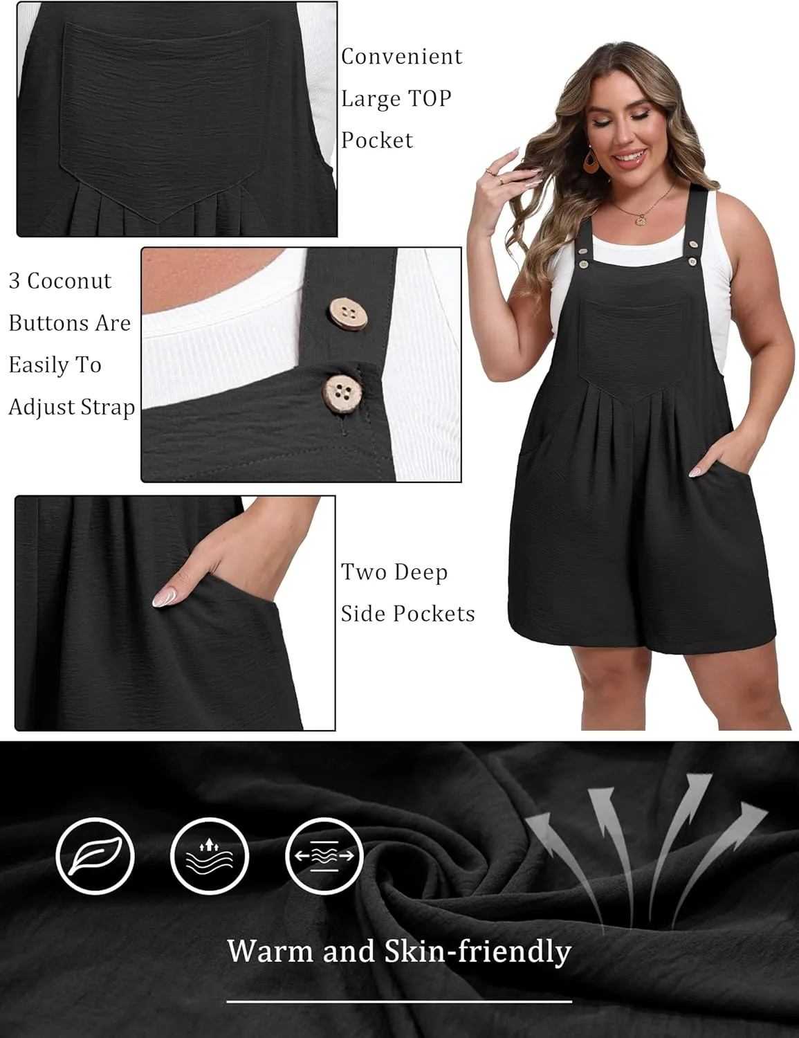 OLRIK Women's Plus Size Romper Jumpsuit Casual Overalls Shorts with Adjustable Straps Pockets 2025 Summer Trendy Shortalls