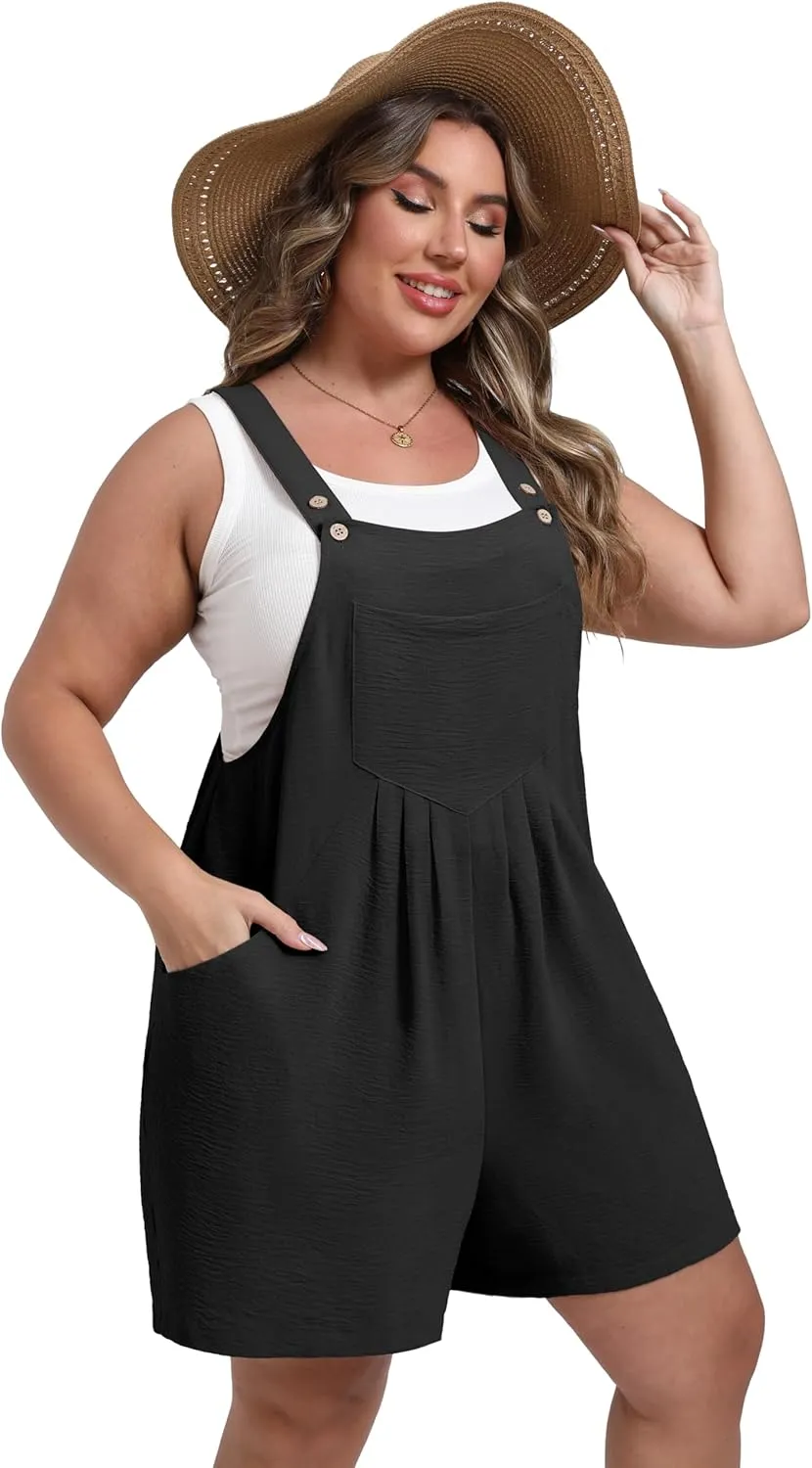 OLRIK Women's Plus Size Romper Jumpsuit Casual Overalls Shorts with Adjustable Straps Pockets 2025 Summer Trendy Shortalls
