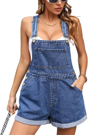 Overalls Women Shorts Loose Fit Adjustable Strap Denim Bib Roll Cuff Shortalls Romper