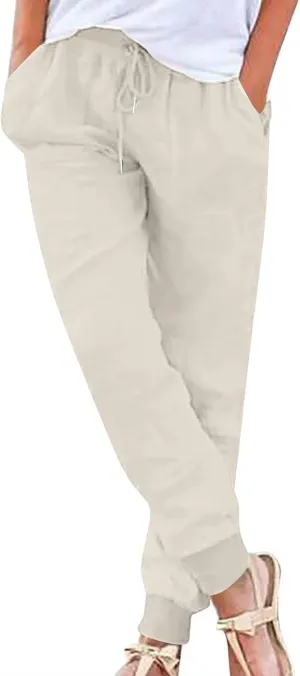 Pants for Women Tapered Leg Elastic Waist Linen Pants Jogger Cotton Linen Trendy Comfy Palazzo Trousers with Pockets