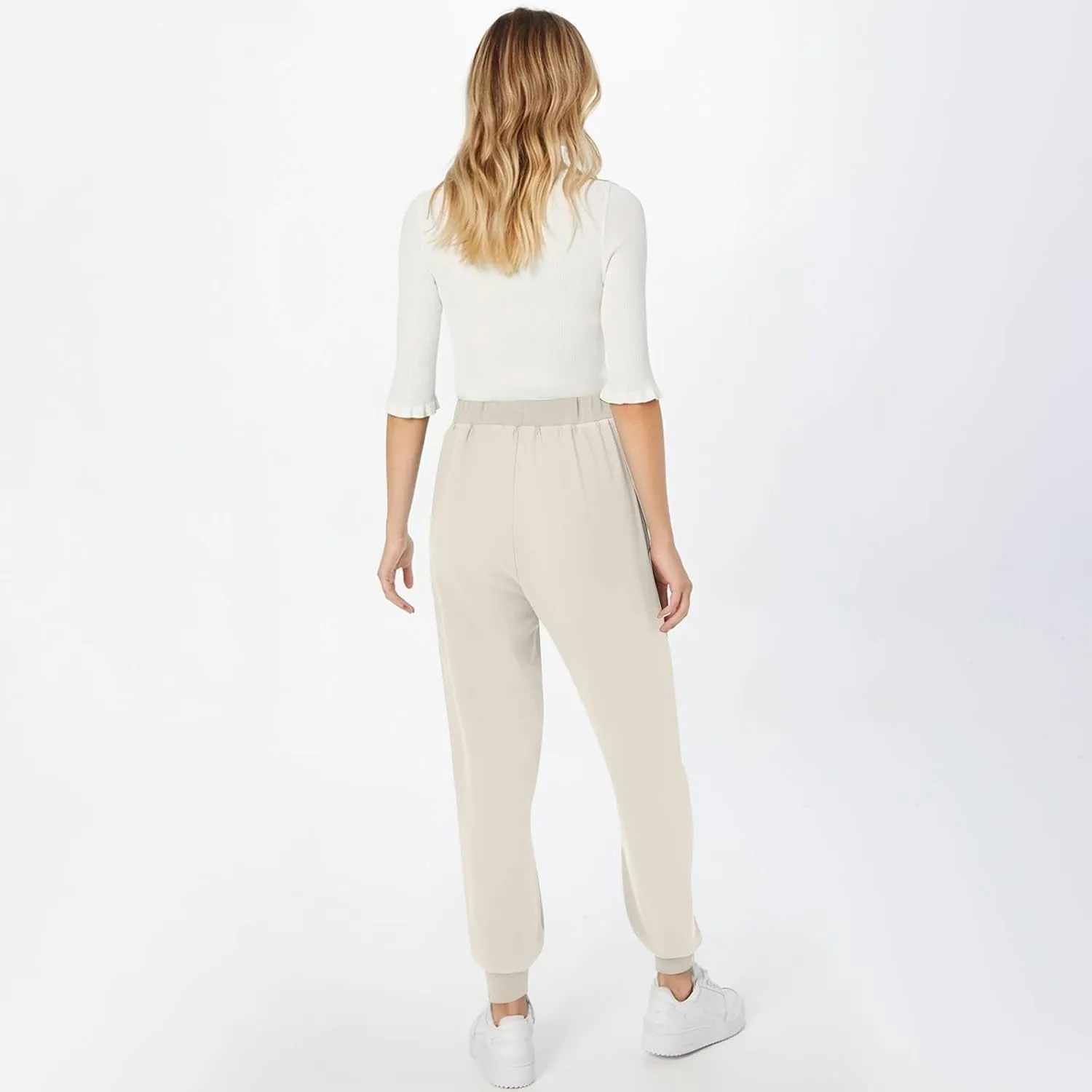 Pants for Women Tapered Leg Elastic Waist Linen Pants Jogger Cotton Linen Trendy Comfy Palazzo Trousers with Pockets