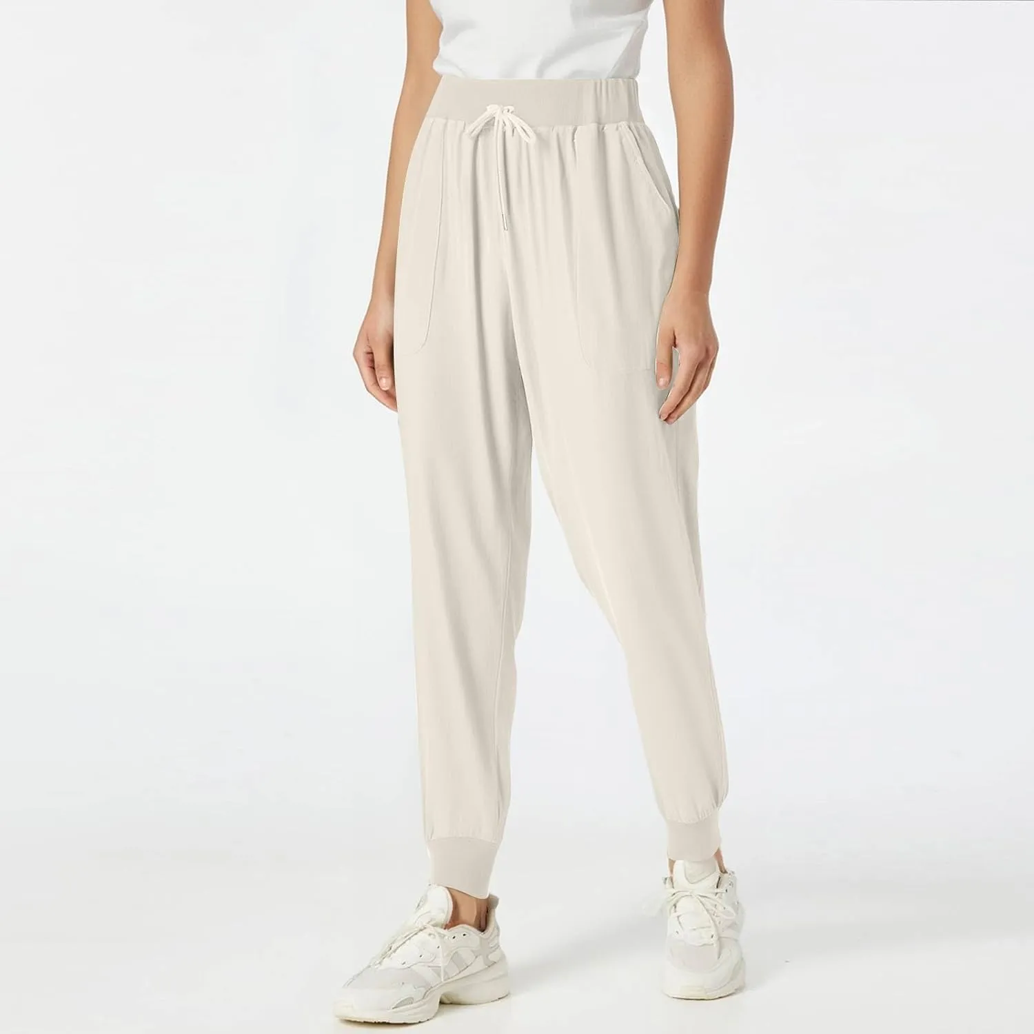 Pants for Women Tapered Leg Elastic Waist Linen Pants Jogger Cotton Linen Trendy Comfy Palazzo Trousers with Pockets