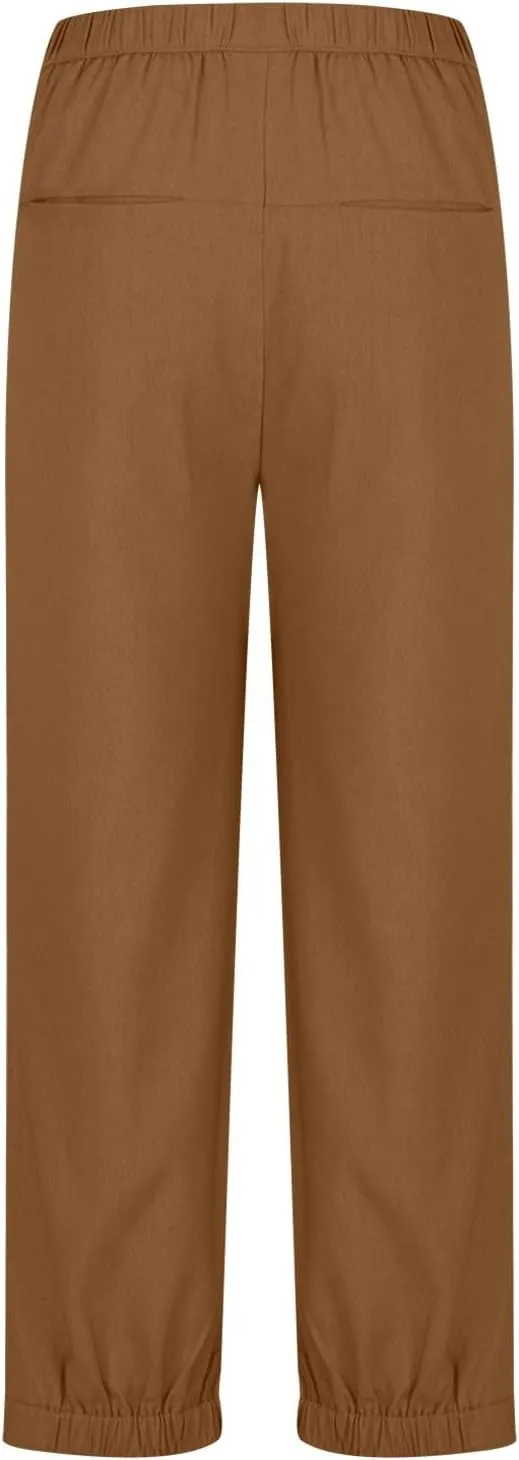 Pants for Women Women's Autumn Fashion Solid Color Elastic Waisted Casual Cropped Pants with Pockets 2024