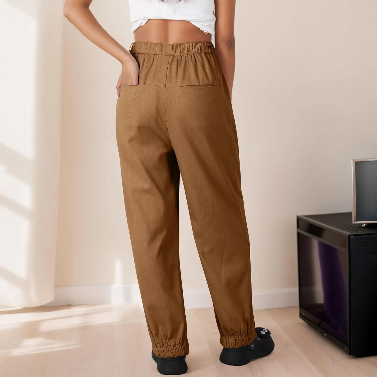Pants for Women Women's Autumn Fashion Solid Color Elastic Waisted Casual Cropped Pants with Pockets 2024