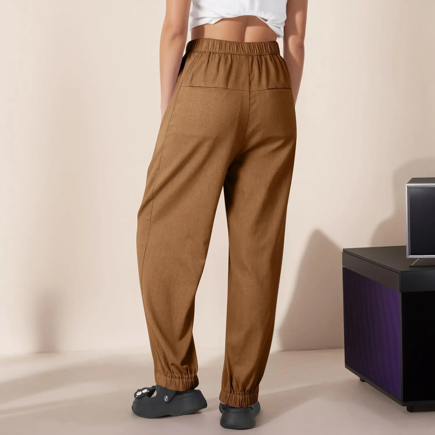 Pants for Women Women's Autumn Fashion Solid Color Elastic Waisted Casual Cropped Pants with Pockets 2024