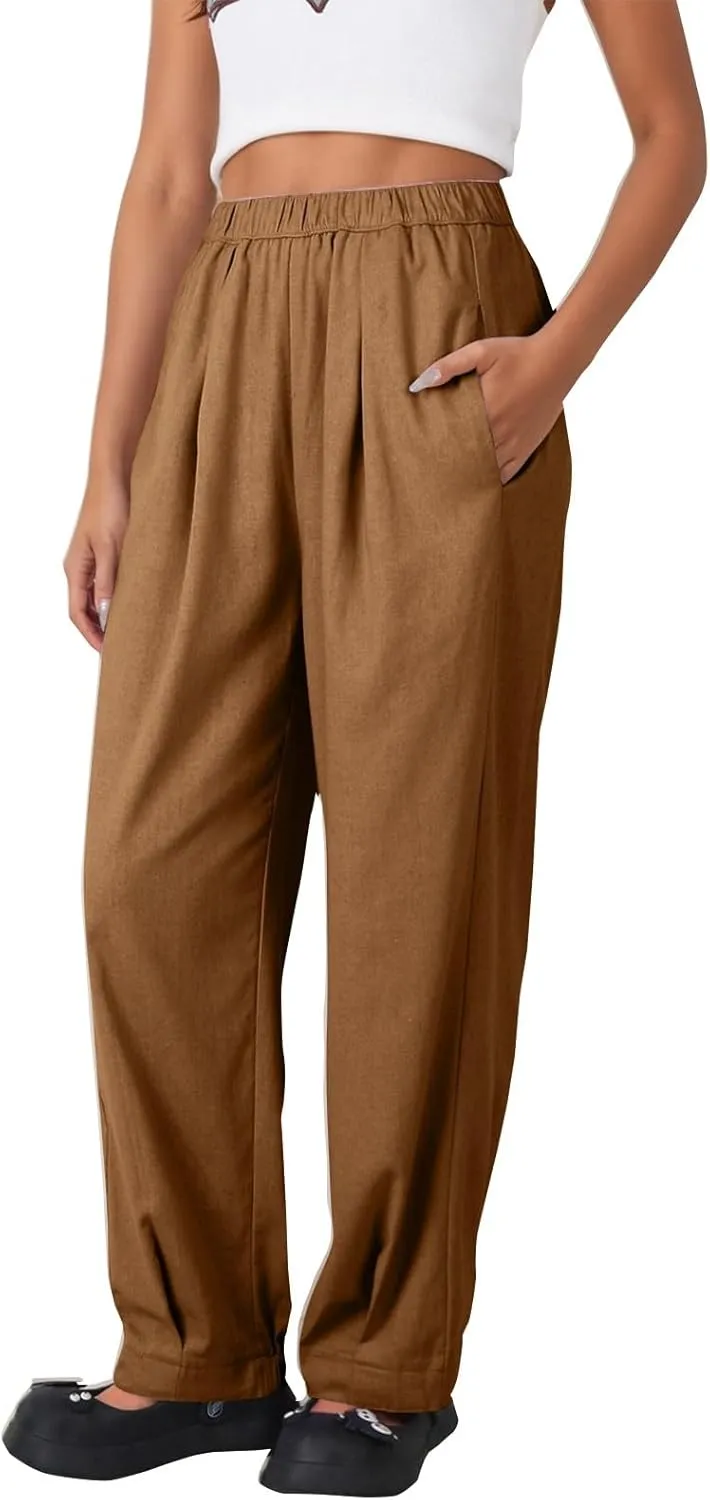 Pants for Women Women's Autumn Fashion Solid Color Elastic Waisted Casual Cropped Pants with Pockets 2024