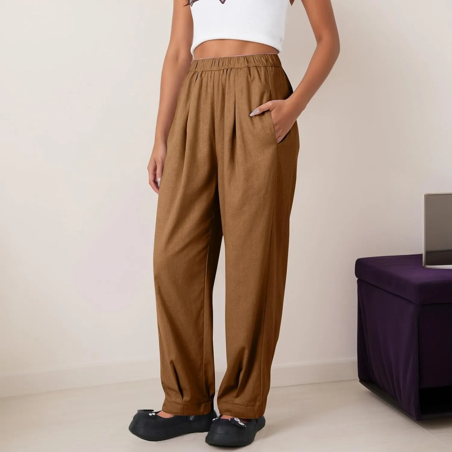 Pants for Women Women's Autumn Fashion Solid Color Elastic Waisted Casual Cropped Pants with Pockets 2024