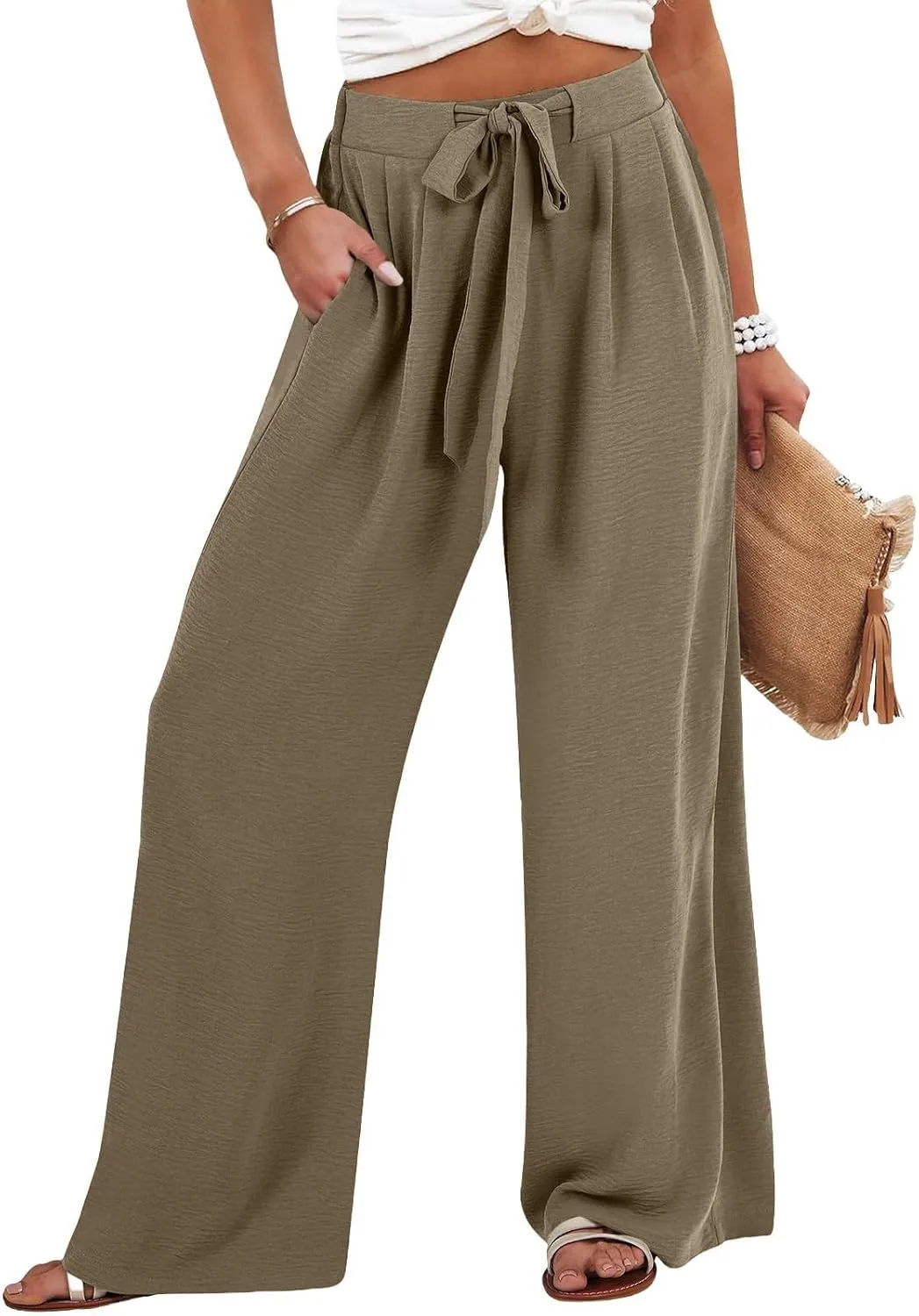 Parachute Pants for Women High Waisted Lounge, Capri Pants Business Casual Straight Leg Summer Trousers Linen