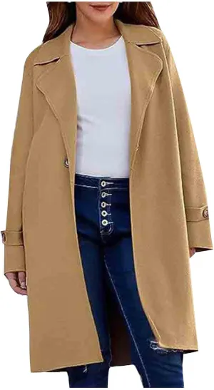 Pea Coats for Women Notch Collar Single Breasted Mid-Long Trench Coat Essential Winter Warm Casual Woolen Overcoat