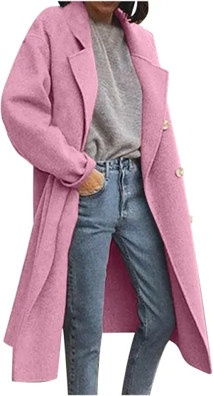 Pea Coats for Women Winter Wool Blend Camel Trench Coat Notch Lapel Double-Breasted Mid-Long Jacket Outwear