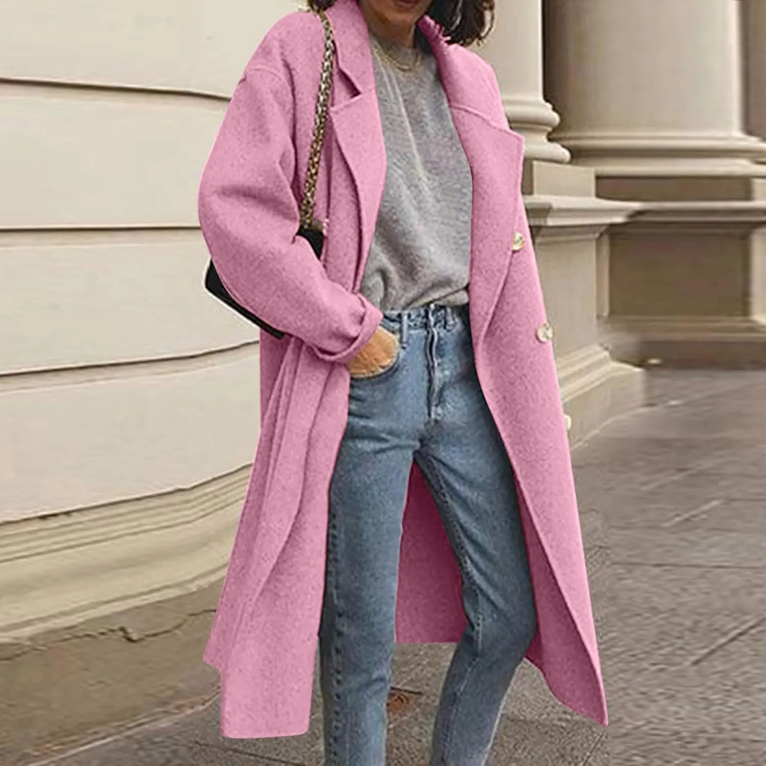 Pea Coats for Women Winter Wool Blend Camel Trench Coat Notch Lapel Double-Breasted Mid-Long Jacket Outwear