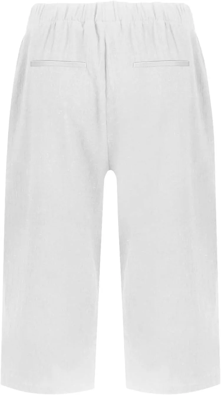 Pedal Pushers for Women Straight Leg Linen Capri Pants Relaxed Fit Cover Up Elastic Waist Bermuda Shorts with Pockets