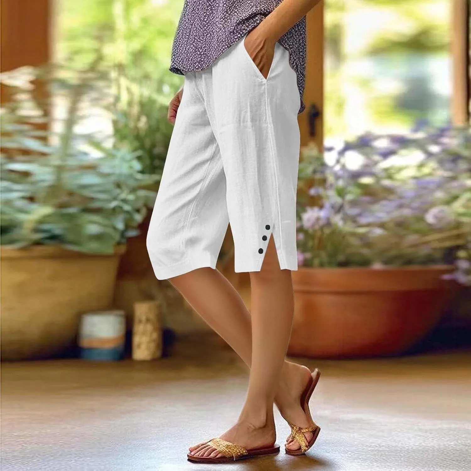 Pedal Pushers for Women Straight Leg Linen Capri Pants Relaxed Fit Cover Up Elastic Waist Bermuda Shorts with Pockets