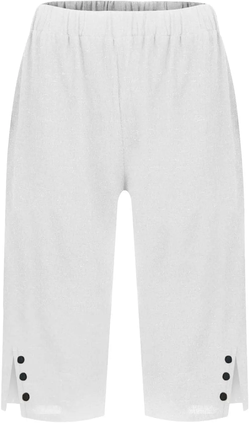 Pedal Pushers for Women Straight Leg Linen Capri Pants Relaxed Fit Cover Up Elastic Waist Bermuda Shorts with Pockets