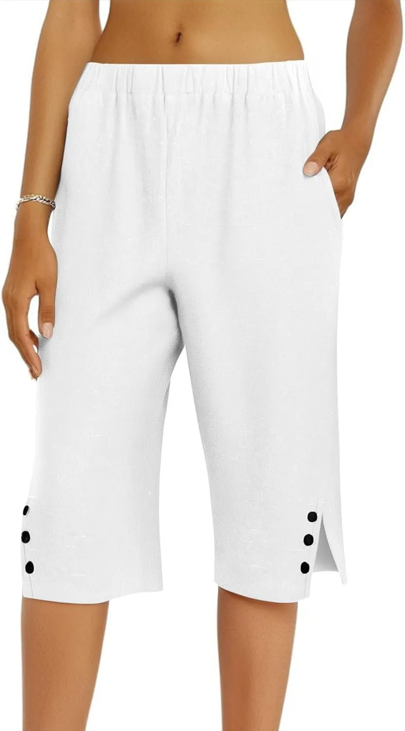 Pedal Pushers for Women Straight Leg Linen Capri Pants Relaxed Fit Cover Up Elastic Waist Bermuda Shorts with Pockets