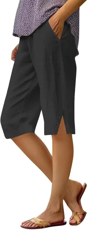 Pedal Pushers for Women Straight Leg Linen Capri Pants Relaxed Fit Cover Up Elastic Waist Bermuda Shorts with Pockets