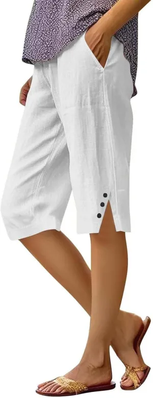 Pedal Pushers for Women Straight Leg Linen Capri Pants Relaxed Fit Cover Up Elastic Waist Bermuda Shorts with Pockets