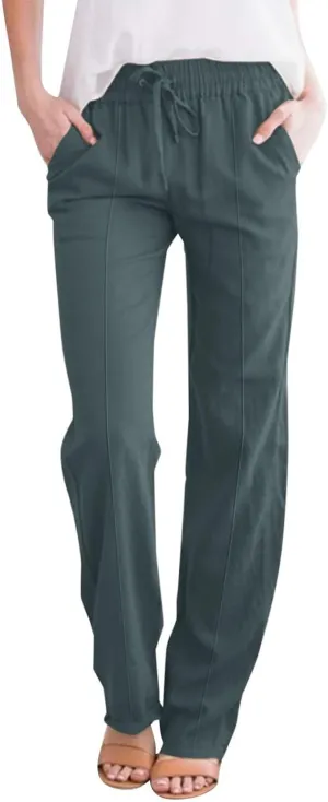 Petite Pants for Women High Waisted Straight Leg, Stretch Active Pants for Women Linen Business Casual Trousers