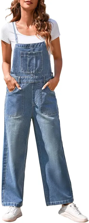Pink Queen Women's Denim Bib Overalls Casual Loose Adjustable Straps Wide Legs High Waist Jean Pants Jumpsuits with Pockets