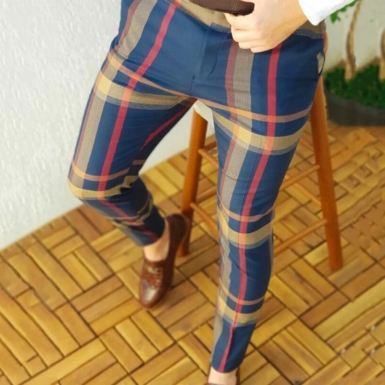 Plaid Dress Pants for Men Casual Slim Fit Chinos Pants Stretch Lightweight Business Pencil Pants Work Trousers with Pockets