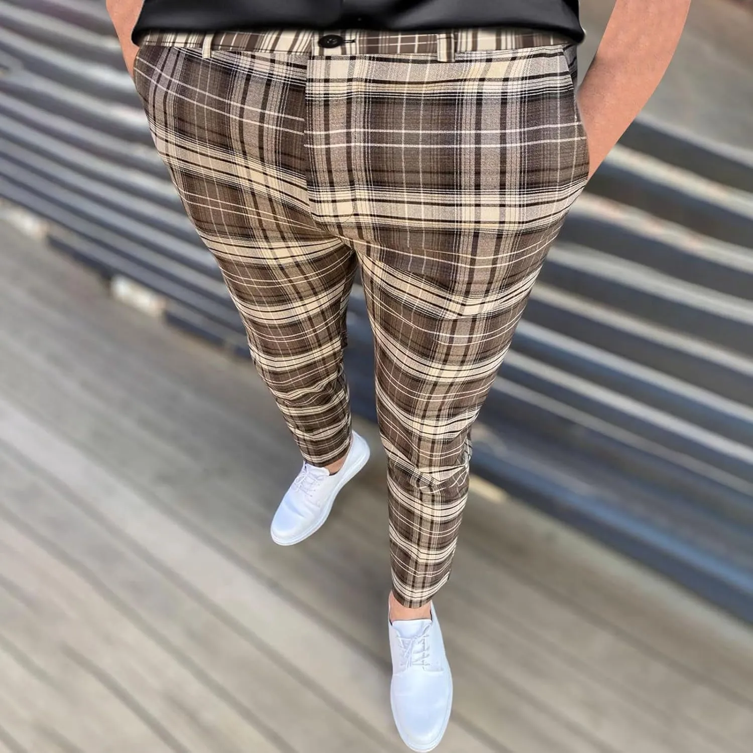 Plaid Print Mens Dress Pants Slim Fit Dress Pants Stretch Skinny Golf Pants Casual Fashion Chino Casual Pants