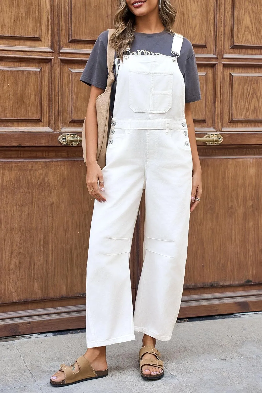 PLNOTME Womens Denim Bib Overalls Barrel Leg Adjustable Strap Jean Pants Jumpsuits with Pockets