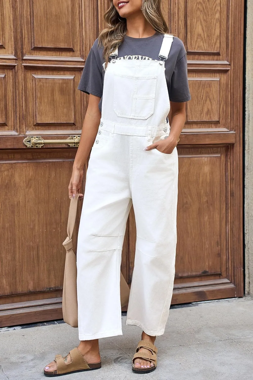 PLNOTME Womens Denim Bib Overalls Barrel Leg Adjustable Strap Jean Pants Jumpsuits with Pockets