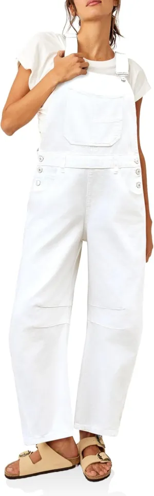 PLNOTME Womens Denim Bib Overalls Barrel Leg Adjustable Strap Jean Pants Jumpsuits with Pockets