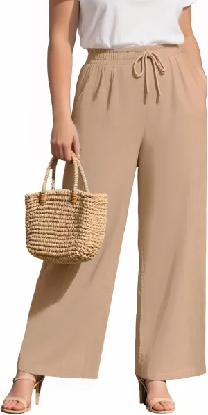 Plus Size Cotton Linen Casual Pants for Women, Summer Lounge Wide Leg Palazzo High Waist Drawstring Pockets Trouser